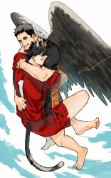 Rule 34 | 2boys, animal ears, barefoot, black hair, black wings, blouse, blue sky, brown hair, carrying, carrying person, cat boy, cat ears, cat tail, clinging, clothing cutout, cloud, cloudy sky, day, feathered wings, flying, grey eyes, grin, haikyuu!!, highres, jersey, jo tuesday19, kuroo tetsurou, looking at another, looking down, male focus, multiple boys, muscular, muscular male, numbered, red shirt, sawamura daichi, scared, shirt, short hair, short sleeves, shorts, sideburns, signature, sky, smile, spiked hair, sportswear, tail, tail through clothes, volleyball uniform, wings