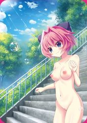 Rule 34 | 1girl, blue eyes, blue sky, bow, breasts, bubble, cleft of venus, collarbone, completely nude, day, hair bow, highres, hiiragi kae, izumi tsubasu, medium breasts, nipples, nude, nude filter, outdoors, pink hair, pussy, re:stage!, short hair, sky, smile, solo, stairs, sunlight, third-party edit