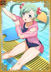 Rule 34 | 00s, 1girl, :o, blue eyes, blush, breasts, card (medium), curvy, earrings, female focus, green hair, hair bobbles, hair ornament, ikkitousen, jewelry, long hair, looking at viewer, magatama, magatama earrings, one-piece swimsuit, pool, shiny skin, shokatsuryou koumei, sitting, small breasts, solo, swimsuit, swimsuit under clothes, torn clothes, twintails, water