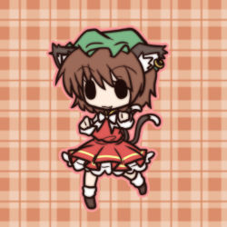 Rule 34 | 0 0, 1girl, :3, animal ears, bad id, bad pixiv id, brown hair, cat ears, cat girl, cat tail, chen, chibi, dress, earrings, fang, female focus, fushigi ebi, hat, jewelry, multiple tails, outline, plaid, plaid background, single earring, solid oval eyes, solo, tail, touhou