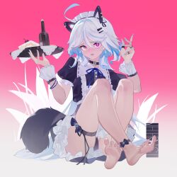 Rule 34 | 1girl, alternate costume, animal ears, apron, barefoot, black choker, blue eyes, blue hair, blue nails, blue panties, blush, bottle, cameltoe, cat ears, choker, commentary, cowlick, fake animal ears, feet, furina (genshin impact), genshin impact, hands up, heart, heart-shaped pupils, heterochromia, highres, holding, holding tray, jewelry, knees up, lettereast, long hair, looking at viewer, maid, maid apron, maid headdress, multicolored hair, open mouth, panties, pantyshot, pink background, puffy short sleeves, puffy sleeves, ring, short sleeves, simple background, sitting, solo, streaked hair, symbol-shaped pupils, tail, thigh strap, tray, underwear, variant set, white hair, wine bottle