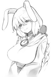Rule 34 | 1girl, animal ears, bandaged neck, bandages, black souls, blush, bow, braid, braided ponytail, cloak, clock, closed mouth, greyscale, hair bow, jewelry, long hair, long sleeves, looking at viewer, low ponytail, monochrome, necklace, node (black souls), rabbit ears, sidelocks, smile, solo, versopa, very long hair