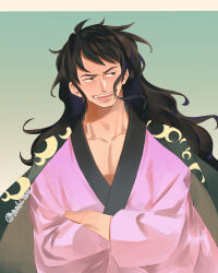 Rule 34 | 1boy, artist name, black eyes, black hair, crossed arms, japanese clothes, kouzuki momonosuke, long hair, looking to the side, male focus, one piece, open mouth, smile, solo, teeth, tozki-zac, traditional clothes