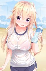 Rule 34 | 1girl, blonde hair, blue shorts, blush, bottle, bra visible through clothes, bralines, breasts, fang, gym shirt, gym shorts, gym uniform, hayana neru, highres, holding, holding bottle, large breasts, long hair, looking at viewer, original, outdoors, purple eyes, see-through, shirt, short sleeves, shorts, smile, solo, water bottle, wet, wet clothes, wet shirt, white shirt