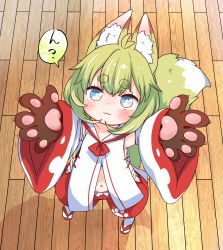 Rule 34 | 1girl, animal ear fluff, animal ears, animal hands, child, done (donezumi), fox ears, fox girl, fox tail, from above, green hair, highres, incoming hug, looking at viewer, navel, original, sandals, tabi, tail