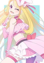 Rule 34 | 1girl, ;d, asymmetrical clothes, asymmetrical legwear, blonde hair, commentary request, cure butterfly, earrings, eyelashes, hair ornament, happy, highres, hijiri ageha, hirogaru sky! precure, jewelry, long hair, looking at viewer, magical girl, midriff, multicolored hair, one eye closed, open mouth, orange hair, osarutukamaeru, pink skirt, precure, purple eyes, skirt, smile, solo, standing, streaked hair, thighhighs, thighs, v