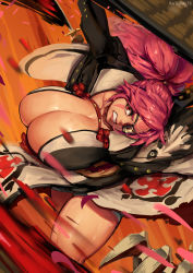 Rule 34 | 1girl, amputee, baiken, bathsalts, big hair, black kimono, bouncing breasts, breasts, clenched teeth, eyepatch, facial tattoo, guilty gear, guilty gear strive, highres, huge breasts, japanese clothes, kataginu, kimono, multicolored clothes, multicolored kimono, one-eyed, pink hair, ponytail, samurai, sash, scar, solo, tattoo, teeth, thick thighs, thighs, unaligned breasts, white kimono