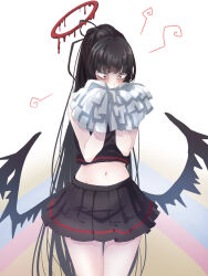 Rule 34 | 1girl, bags under eyes, black hair, black shirt, black wings, blue archive, blush, cheerleader, covered mouth, cropped shirt, embarrassed, halo, highres, holding, holding pom poms, komena (shinyday312), long hair, looking down, midriff, miniskirt, navel, pale skin, pleated skirt, pom pom (cheerleading), pom poms, red eyes, red halo, shirt, skirt, sleeveless, sleeveless shirt, solo, stomach, tsurugi (blue archive), very long hair, wings