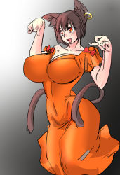 Rule 34 | 1girl, aged up, alternate breast size, alternate costume, animal ears, black background, bow, breasts, brown hair, cat ears, cat girl, cat tail, chen, cleavage, collarbone, danna (karatekikku), dress, earrings, fangs, female focus, gradient background, grey background, hip focus, impossible clothes, impossible dress, jewelry, jumping, large breasts, looking to the side, multiple tails, navel, nekomata, off shoulder, open mouth, orange dress, orange eyes, paw pose, short hair, short sleeves, sketch, slit pupils, solo, tail, thighs, tongue, touhou, two tails, white background