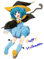 Rule 34 | 1girl, blue eyes, blue hair, boots, cape, halloween, happy halloween, hat, ica, jack-o&#039;-lantern, kawashiro nitori, matching hair/eyes, rubber boots, smile, solo, staff, touhou, twintails, two side up, witch hat