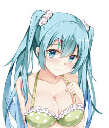 Rule 34 | 1girl, absurdres, aqua eyes, aqua hair, bantian yindang, blush, breasts, cleavage, hatsune miku, highres, long hair, medium breasts, scrunchie, simple background, solo, twintails, upper body, vocaloid, white background