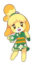 Rule 34 | 1girl, absurdres, alternate costume, animal crossing, animal ears, artist name, black eyes, blonde hair, blush stickers, buck teeth, dog ears, dog girl, dog tail, female focus, flat chest, floral print, full body, furry, furry female, green kimono, hair bobbles, hair ornament, hair tie, hand up, happy, highres, isabelle (animal crossing), japanese clothes, kimono, long sleeves, looking at viewer, nintendo, obi, open mouth, sash, short hair, signature, simple background, smile, solo, standing, starbirbz, straight-on, tail, teeth, topknot, white background, wide sleeves