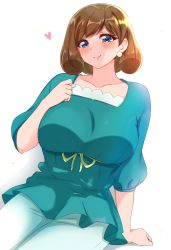 Rule 34 | 1girl, absurdres, blue eyes, blush, breasts, brown hair, closed mouth, delicious party precure, earrings, highres, jewelry, large breasts, lips, looking at viewer, mature female, precure, shinada an, short hair, simple background, sitting, smile, solo, sugimura mickey, white background