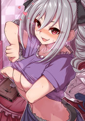 Rule 34 | 1girl, :d, absurdres, black panties, blush, breasts, cleavage, clothes lift, commentary request, drill hair, grey hair, hair between eyes, heart, heart-shaped pupils, highres, idolmaster, idolmaster cinderella girls, kanzaki ranko, long hair, looking at viewer, love hotel, morino shoutarou, no bra, open mouth, panties, red eyes, smile, solo, sweat, symbol-shaped pupils, twin drills, underwear