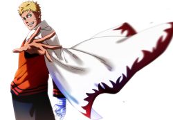 Rule 34 | 1boy, aged up, bandages, blonde hair, blue eyes, cape, chietori, grin, highres, looking at viewer, male focus, naruto, naruto (series), outstretched arm, short hair, smile, solo, spoilers, uzumaki naruto, white background