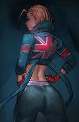 Rule 34 | 1girl, ass, blonde hair, cammy white, crop top, davecavedraws, fingerless gloves, from behind, gloves, highres, long sleeves, pants, short hair, street fighter, street fighter 6, union jack