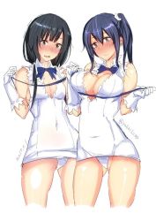 Rule 34 | 10s, 2girls, bare shoulders, black hair, blue hair, blush, breast envy, breasts, brown eyes, cleavage, cleavage cutout, clothing cutout, cosplay, covered navel, dress, dungeon ni deai wo motomeru no wa machigatteiru darou ka, full-face blush, gloves, hestia (danmachi), hestia (danmachi) (cosplay), imai midori, large breasts, long hair, looking at viewer, multiple girls, open mouth, panties, purple eyes, rei no himo, rib:y(uhki), shirobako, short dress, side ponytail, simple background, small breasts, standing, underwear, white dress, white gloves, white panties, yasuhara ema