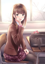 Rule 34 | 1girl, :d, bag, bare tree, black pantyhose, blazer, blush, box, brown eyes, brown hair, brown jacket, chair, collared shirt, commentary request, desk, gift, gift box, hand up, highres, indoors, jacket, long hair, long sleeves, looking at viewer, looking to the side, on chair, open clothes, open jacket, open mouth, original, pantyhose, pink sweater, plaid, plaid skirt, purple skirt, school bag, school chair, school desk, school uniform, shirt, sitting, skirt, sleeves past wrists, smile, solo, sweater, tree, valentine, white shirt, window, yukimaru217