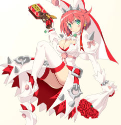 Rule 34 | 1girl, ahoge, arc system works, artist request, ass, blush, bouquet, breasts, bridal veil, cleavage, clover, dress, elphelt valentine, female focus, flower, four-leaf clover, garter straps, gloves, gun, large breasts, long sleeves, looking at viewer, pink hair, red flower, red rose, ribbon, rose, shiny skin, shoes, short hair, solo, spikes, thighhighs, veil, weapon