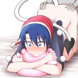 Rule 34 | 1boy, 1girl, bent over, black shirt, blue eyes, blue hair, blush, bottomless, closed mouth, colored skin, doggystyle, doremy sweet, eyes visible through hair, full-face blush, grey skin, hair between eyes, hands on ass, hat, head rest, hetero, holding, kneeling, kuroba rapid, looking down, nightcap, no panties, nose blush, pom pom (clothes), red hat, sex, sex from behind, shadow, shirt, short hair, short sleeves, simple background, solo focus, sweatdrop, tail, tapir tail, top-down bottom-up, touhou, vaginal, white background, wide-eyed