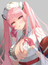 Rule 34 | 1girl, artist request, azur lane, breasts, center opening, cleavage, gloves, grey background, half gloves, hat, highres, id card, large breasts, long hair, no bra, nurse, nurse cap, perseus (azur lane), perseus (unfamiliar duties) (azur lane), pink eyes, pink gloves, pink hair, simple background, solo, twintails, upper body, very long hair, white hat