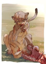 Rule 34 | 1girl, animal ears, blood, blood on face, body fur, bone, border, breasts, brown eyes, centauroid, claws, completely nude, eating, female focus, furry, furry female, guro, lion ears, monster girl, mullmull02, no nipples, nude, original, outdoors, short hair, solo, tail, taur, twitter username, white border