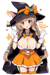 Rule 34 | 1girl, black cape, blush, braid, breasts, cape, cleavage, cropped legs, dated, garter straps, gloves, halloween, halloween costume, hat, kantai collection, large breasts, light brown hair, long hair, minegumo (kancolle), odawara hakone, one-hour drawing challenge, open mouth, red eyes, simple background, solo, thighhighs, twin braids, twitter username, wand, white background, white gloves, witch hat