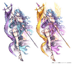 Rule 34 | 1girl, blue hair, breasts, character request, cleavage, full body, gradient hair, head wings, high heels, kaku-san-sei million arthur, large breasts, long hair, looking at viewer, lots of jewelry, million arthur (series), multicolored hair, multiple views, nardack, purple eyes, purple hair, shoes, simple background, smile, staff, two-tone hair, valkyrie, variations, white background, wings