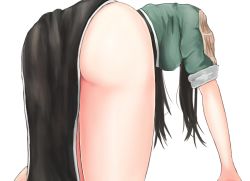 Rule 34 | 10s, 1girl, aaaaa (nanyanen95), ass, bad id, bad pixiv id, bent over, black hair, breasts, chikuma (kancolle), from behind, kantai collection, long hair, medium breasts, pelvic curtain, short sleeves, simple background, solo, white background