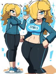 Rule 34 | !, 1girl, absurdres, black pants, blonde hair, blue eyes, blue footwear, blue jacket, blue shirt, blush, bottle, breasts, cleavage, clothes writing, collarbone, earrings, hair over one eye, heart, highres, holding, jacket, jewelry, large breasts, long hair, long sleeves, looking at viewer, luma (mario), mario (series), midriff, multiple views, navel, nintendo, open mouth, pants, ponytail, rosalina, shirt, shoes, sleeveless, sleeveless shirt, smile, sneakers, sparkle, speech bubble, spoken heart, standing, super mario galaxy, sweat, teeth, thick thighs, thighs, tony welt, water bottle, white background, wide hips, yoga pants