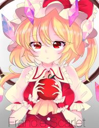 Rule 34 | 1girl, apple, blonde hair, bow, breasts, character name, closed mouth, collared shirt, crystal, flandre scarlet, food, frilled bow, frilled shirt collar, frilled sleeves, frills, fruit, gradient background, grey background, hair between eyes, hat, hat bow, highres, holding, holding food, holding fruit, hyaku paasento, looking at viewer, medium hair, mob cap, multicolored wings, one side up, puffy sleeves, red apple, red bow, red eyes, red vest, shirt, simple background, sleeve ribbon, small breasts, solo, touhou, upper body, vest, white background, white hat, white shirt, wings, wrist cuffs