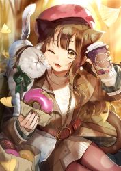 Rule 34 | 1girl, ;d, absurdres, animal, animal ears, bag, bench, beret, blurry, blurry background, blush, brown eyes, brown hair, brown jacket, brown nails, brown pantyhose, cat, cat ears, cat girl, cat tail, coffee cup, commentary, cup, depth of field, disposable cup, doughnut, earrings, fangs, fingernails, food, food on face, ginkgo leaf, green ribbon, grey nails, hat, highres, holding, holding cup, holding food, jacket, jewelry, leaf, long hair, long sleeves, nail polish, on bench, one eye closed, open clothes, open jacket, open mouth, original, pantyhose, paper bag, park bench, pomu (joynet), red hat, ribbed sweater, ribbon, sitting, smile, solo, sunlight, sweater, tail, white sweater