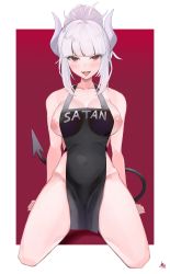 Rule 34 | 1girl, absurdres, apron, arm support, arms behind back, ass, bare shoulders, bedroom, black apron, blush, border, breasts, collarbone, covered navel, curvy, demon girl, demon horns, embarrassed, english text, hair bun, helltaker, highres, horns, kataku musou, kneeling, large breasts, looking at viewer, lucifer (helltaker), mole, mole under eye, naked apron, nipples, nude, open mouth, parted lips, partially undressed, red background, red eyes, red shirt, seiza, shirt, signature, single hair bun, sitting, slit pupils, solo, thick thighs, thighs, tongue, tongue out, white border, white hair