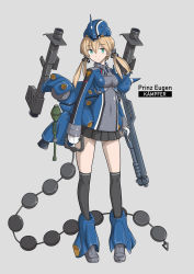Rule 34 | 1girl, alternate costume, anchor hair ornament, aqua eyes, black skirt, blonde hair, boushi-ya, breasts, character name, character request, crossover, gloves, grey background, gundam, hair ornament, headgear, highres, holding, holding weapon, kantai collection, long hair, long sleeves, mecha, mecha musume, medium breasts, pleated skirt, prinz eugen (kancolle), robot, simple background, skirt, solo, standing, thighhighs, twintails, weapon, white gloves