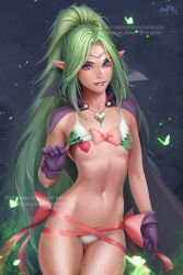 Rule 34 | 1girl, bra, bra lift, breasts, cape, fire emblem, fire emblem awakening, flat chest, gloves, green hair, jewelry, looking at viewer, navel, necklace, nintendo, nowi (fire emblem), panties, pasties, pointy ears, prywinko, purple eyes, small breasts, solo, stomach, underwear
