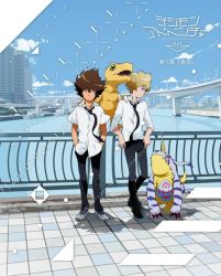 Rule 34 | 2boys, agumon, black neckwear, black pants, blue sky, brown eyes, brown hair, city, cityscape, claws, commentary, digimon, digimon (creature), digimon adventure tri., dinosaur, fence, fur, gabumon, green eyes, hands in pockets, horns, ishida yamato, leaning back, looking at another, looking at viewer, male focus, multiple boys, necktie, outdoors, pants, platinum blonde hair, river, school uniform, shadow, shirt, shoes, short sleeves, sky, sneakers, spiked hair, standing, tile floor, tiles, title, uki atsuya, white shirt, yagami taichi