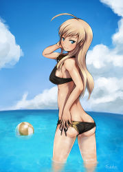 Rule 34 | 1girl, ahoge, ass, bad id, bad pixiv id, ball, beachball, bikini, black bikini, blonde hair, blue eyes, breasts, butt crack, cloud, day, eshi (solokov), hanna-justina marseille, highres, long hair, looking at viewer, looking back, medium breasts, ocean, side-tie bikini bottom, sideboob, sky, smile, soaking feet, solo, solokov (okb-999), strike witches, swimsuit, wading, water, wet, witches of africa, world witches series
