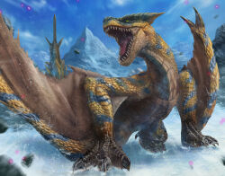 Rule 34 | bearluxe, blue sky, claws, highres, monster, monster hunter (series), mountain, no humans, open mouth, outdoors, roaring, sharp teeth, sky, snow, spikes, teeth, tigrex, wings