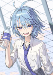 Rule 34 | 1girl, :d, blue eyes, blue hair, blue nails, blue necktie, collared shirt, floating hair, hair between eyes, highres, hololive, hoshimachi suisei, kitada mo, looking at viewer, nail polish, necktie, official alternate hairstyle, open mouth, pocari sweat, school uniform, shirt, short hair, skirt, smile, solo, sweat, upper body, virtual youtuber, white shirt