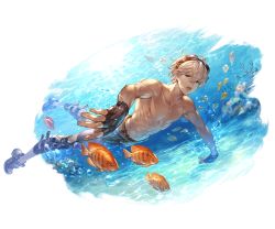 Rule 34 | 1boy, abs, blue eyes, collarbone, fingerless gloves, full body, gloves, goggles, granblue fantasy, joel (granblue fantasy), male focus, muscular, obliques, official art, outstretched arms, pectorals, spread arms, swimming, toned, toned male, transparent background, underwater, white hair