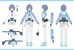 Rule 34 | 1girl, absurdres, ahoge, aqua eyes, aqua nails, black gloves, black necktie, blue hair, character sheet, closed mouth, commentary, covered navel, fingerless gloves, fingernails, full body, gloves, gun, highres, holding, holding weapon, ildy, jacket, kneehighs, long hair, looking at viewer, multicolored hair, nail polish, necktie, original, short hair, shorts, simple background, single kneehigh, single sock, single thighhigh, smile, socks, solo, standing, streaked hair, submachine gun, thigh strap, thighhighs, weapon, white background, white shorts, white thighhighs