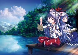 Rule 34 | 2girls, absurdres, back-to-back, blue hair, blue sky, blush, book, boots, bow, breasts, bridge, brown footwear, cigarette, cloud, cloudy sky, collared shirt, commentary request, crossed legs, dress, fishing rod, frilled dress, frills, fujiwara no mokou, hair bow, hat, hat ribbon, highres, indian style, kamishirasawa keine, knee boots, leaf, light rays, long hair, looking at viewer, looking back, mountainous horizon, multiple girls, new mask of hope, ofuda, ofuda on clothes, pants, purple eyes, red bow, red eyes, red pants, reflection, ribbon, river, shirt, short sleeves, silver hair, sitting, sky, small breasts, sunbeam, sunlight, suspenders, touhou, tree, white shirt, wing collar, yamanakaume