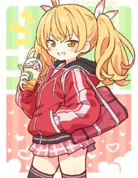 Rule 34 | 1girl, bag, black thighhighs, blonde hair, blue archive, blush, cowboy shot, drink, drinking straw, grin, halo, hand in pocket, heart, holding, holding drink, hood, hood down, hooded jacket, jacket, long hair, looking at viewer, onyhakase, pink skirt, pleated skirt, red jacket, school bag, skirt, smile, solo, thighhighs, twintails, yellow eyes, yellow halo, yoshimi (blue archive)