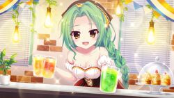 Rule 34 | 1girl, black headwear, braid, breasts, brick wall, brown corset, cleavage, collarbone, corset, counter, cup, detached sleeves, dirndl, dot nose, dress, drinking glass, dutch angle, film grain, food, food request, fruit, game cg, german clothes, green hair, ice, ice cube, indoors, izumi tsubasu, leaning forward, lens flare, light bulb, long braid, long hair, medium breasts, mug, non-web source, official art, open mouth, plant, potted plant, prince&#039;s flag, re:stage!, shirokita kuroha, short sleeves, single braid, smile, solo, sparkle, strapless, strapless dress, strawberry, string of flags, tray, vines, waitress, white sleeves, window blinds, yellow eyes
