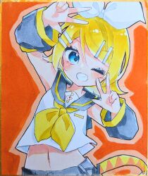 Rule 34 | 1girl, aqua eyes, blonde hair, blue eyes, bow, detached sleeves, double w, flat chest, grey sailor collar, grey shorts, grey sleeves, grin, hair bow, hair ornament, hairclip, highres, kagamine rin, light blush, marker (medium), midriff, navel, neckerchief, one eye closed, orange background, osyake0921, sailor collar, short hair, shorts, smile, solo, swept bangs, traditional media, treble clef, vocaloid, w, white bow, yellow neckerchief