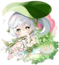 Rule 34 | 1girl, chibi, child, commentary, cross-shaped pupils, detached sleeves, dress, genshin impact, gradient hair, green eyes, green hair, green sleeves, hair ornament, highres, leaf, leaf hair ornament, long hair, multicolored hair, nahida (genshin impact), pointy ears, side ponytail, slime (genshin impact), smile, solo, symbol-shaped pupils, toeless footwear, white dress, white footwear, white hair, yuni (irohasuiroiro)