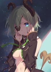Rule 34 | 1girl, nanashi inc., absurdres, bare shoulders, black shirt, blue eyes, breasts, cleavage, crop top, curled horns, demon girl, demon horns, demon tail, detached sleeves, eyepatch, frills, green hair, green necktie, hands on own cheeks, hands on own face, hands up, highres, honey strap, horns, kusumoto shizuru, large breasts, long sleeves, looking at viewer, midriff, navel, necktie, parted lips, sekishiro mico, shirt, short hair, solo, tail, underboob, upper body, virtual youtuber