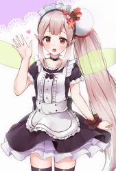 Rule 34 | 1girl, :d, alternate costume, apron, arm up, black dress, black thighhighs, blush, center frills, commentary request, cowboy shot, dress, elf, elu (nijisanji), enmaided, fairy wings, flower, frills, hair flower, hair ornament, heart, highres, light brown hair, long hair, maid, maid headdress, nijisanji, open mouth, pointy ears, puffy short sleeves, puffy sleeves, racchi., red eyes, red flower, short dress, short sleeves, side ponytail, sidelocks, smile, solo, thighhighs, transparent wings, very long hair, virtual youtuber, white apron, wings, wrist cuffs