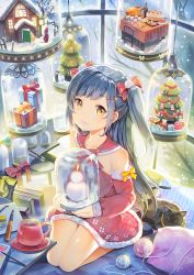 Rule 34 | 1girl, bare tree, blue hair, book, bottle, bow, box, brown eyes, cat, christmas, christmas tree, commentary request, cup, detached collar, detached sleeves, dress, drinking glass, food, fur trim, gift, gift box, hair bow, hat, highres, house, long hair, looking at viewer, mug, original, paintbrush, pillow, red dress, santa claus, santa hat, seiza, sibyl, sitting, smile, snow, snow globe, snowflake print, solo, table, tablecloth, tree, turkey (food), wine bottle, wine glass, yarn, yarn ball