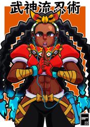 Rule 34 | 1girl, 2022, abs, absurdres, arm wrap, artist name, black hair, blue hair, border, bow, bow hairband, breasts, brown eyes, capcom, colored tips, commentary, cropped jacket, dark-skinned female, dark skin, earbuds, earphones, earrings, english commentary, fingerless gloves, forehead, gloves, hairband, highres, hip vent, jacket, jewelry, kimberly jackson, long hair, lowleg, lowleg pants, midriff, multicolored hair, navel, ninja, orange background, outside border, palms together, pants, pyrokid sosa, quad braids, red gloves, red jacket, red lips, scarf, small breasts, smartwatch, solo, standing, street fighter, street fighter 6, symmetry, thick eyebrows, thick thighs, thighs, translation request, triangle earrings, two-tone hair, very dark skin, walkman, watch, watermark, white border, wristwatch, yellow bow